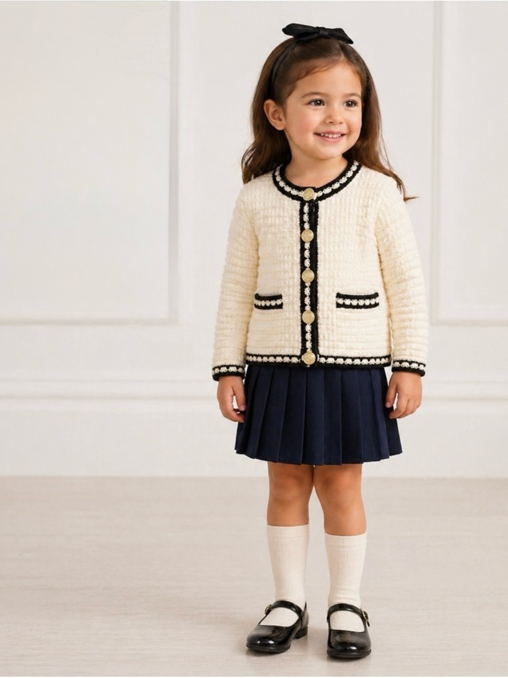 Cream Knit Cardigan Black Trim Gold Buttons, Very Chanel Chic 4T Girl Preppy 4